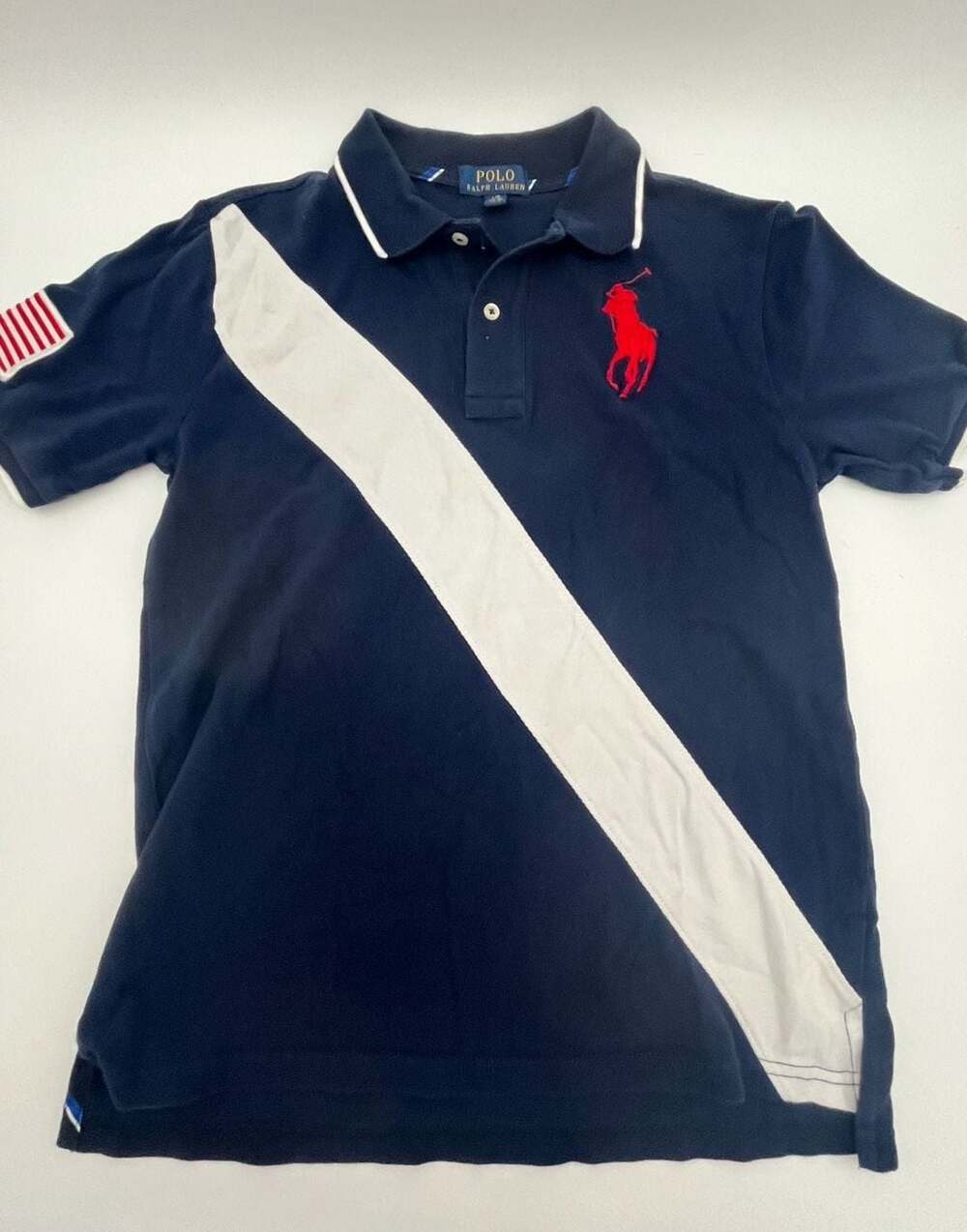 Polo Ralph Lauren Boys Navy Blue Yacht Club Sash Big Pony Shirt US Flag L 14-16